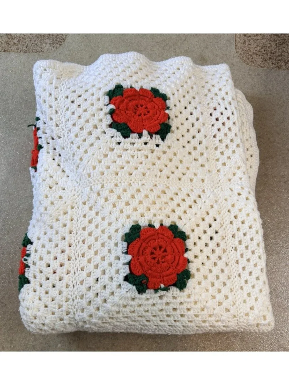 80X96 Crochet Granny Square Afghan Red Roses Hand Made White Background